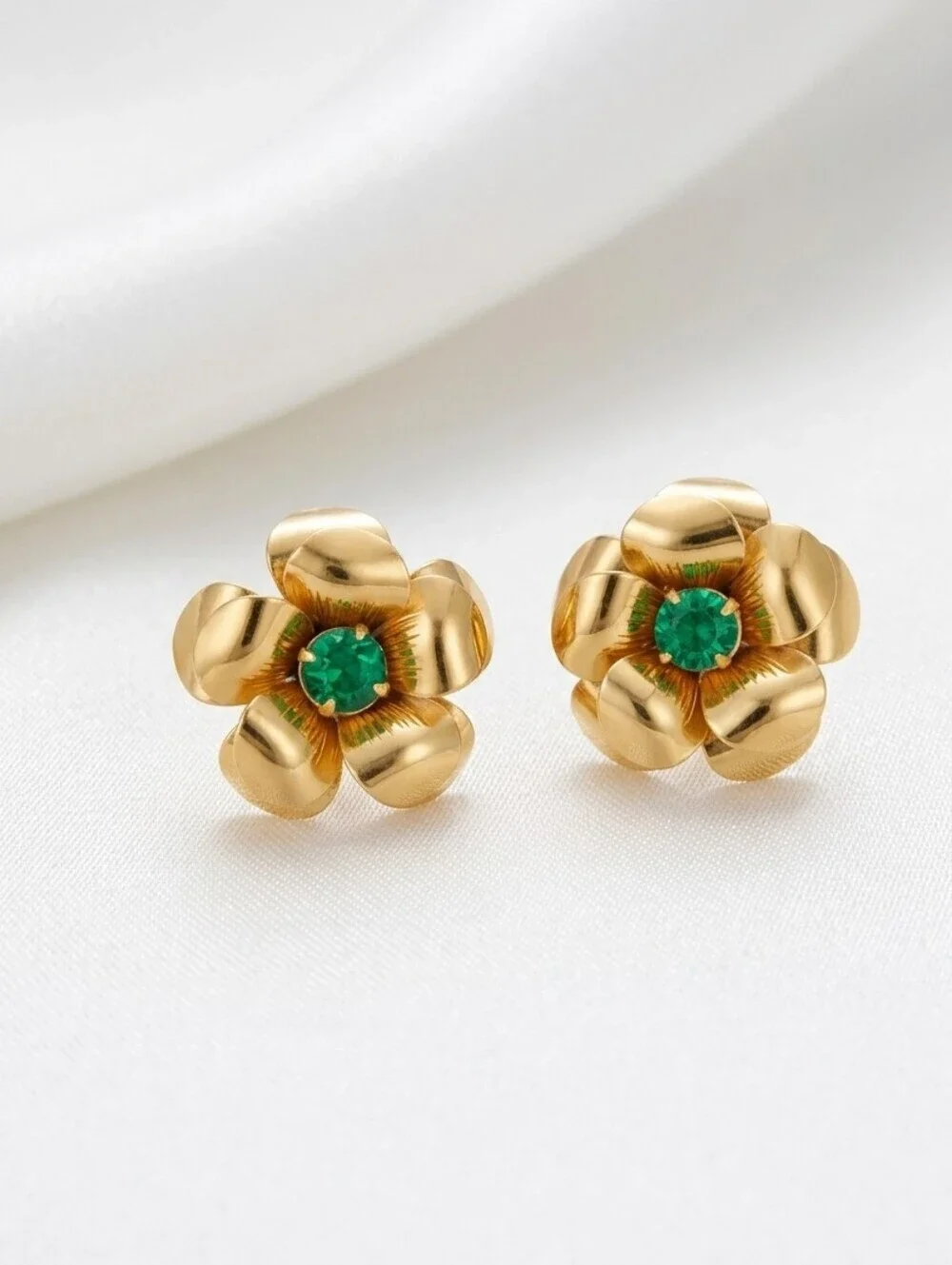 Coro Gold Tone 3D Flower Earrings with Green Stone